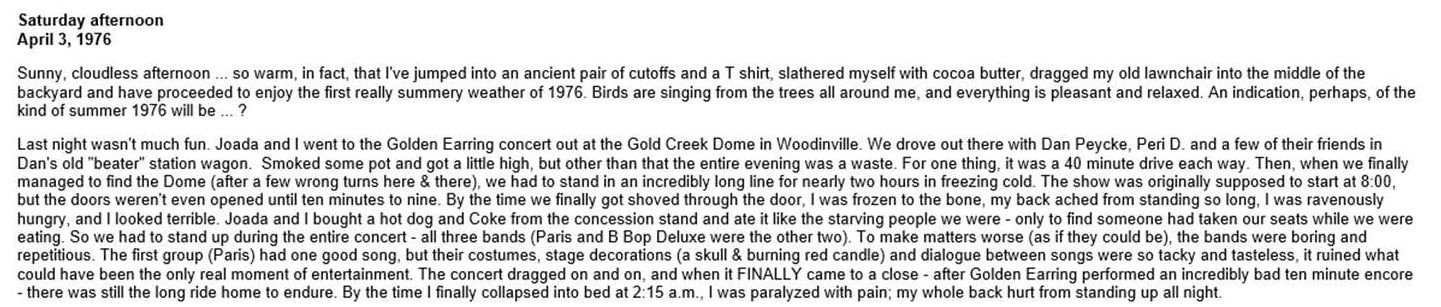 Golden Earring show review April 02 1976 Woodinville, Washington